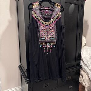 Johnny Was Black Dress with Colorful Embroidery